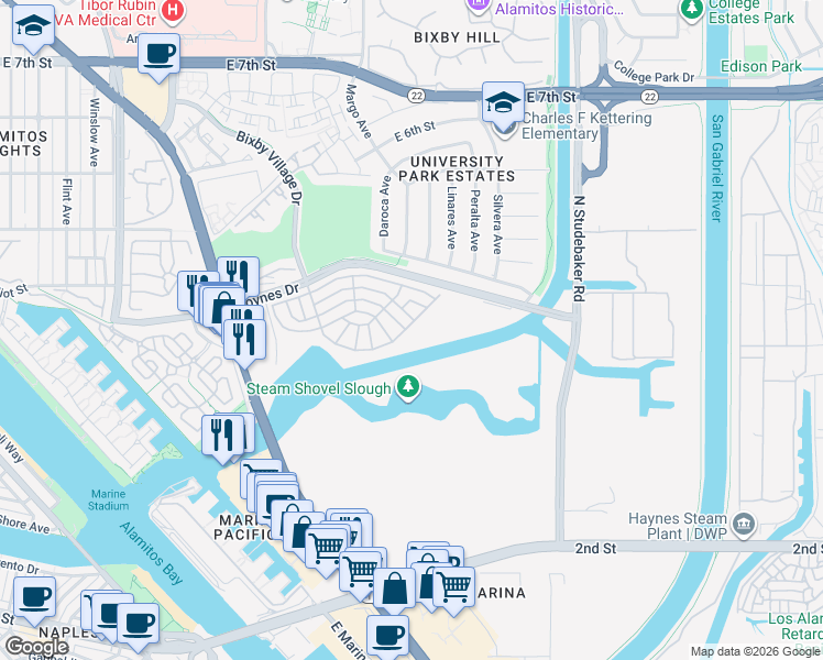 map of restaurants, bars, coffee shops, grocery stores, and more near 6272 East Marina View Drive in Long Beach