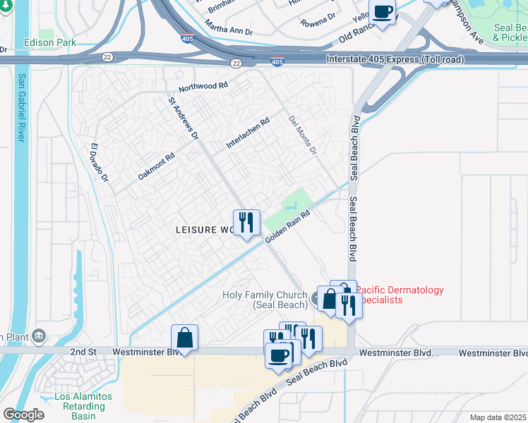 map of restaurants, bars, coffee shops, grocery stores, and more near 1660 Tam O'shanter Road in Seal Beach