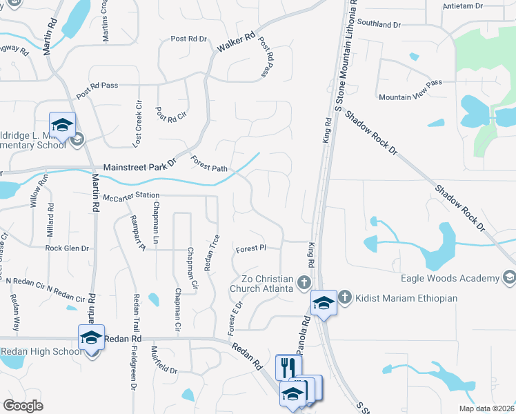 map of restaurants, bars, coffee shops, grocery stores, and more near 935 Forest Path in Stone Mountain