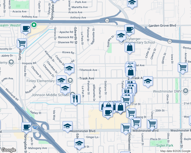 map of restaurants, bars, coffee shops, grocery stores, and more near 13472 Willamette Drive in Westminster