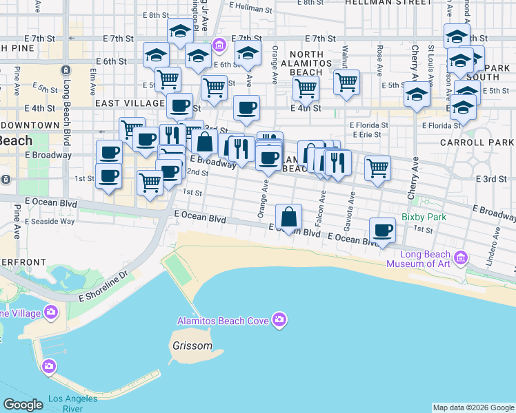 map of restaurants, bars, coffee shops, grocery stores, and more near 1176 East First Street in Long Beach