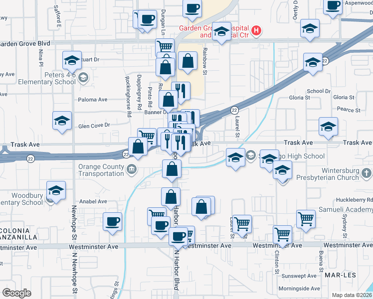 map of restaurants, bars, coffee shops, grocery stores, and more near 13518 Harbor Boulevard in Garden Grove