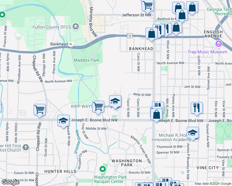 map of restaurants, bars, coffee shops, grocery stores, and more near 73 Neal Place Northwest in Atlanta
