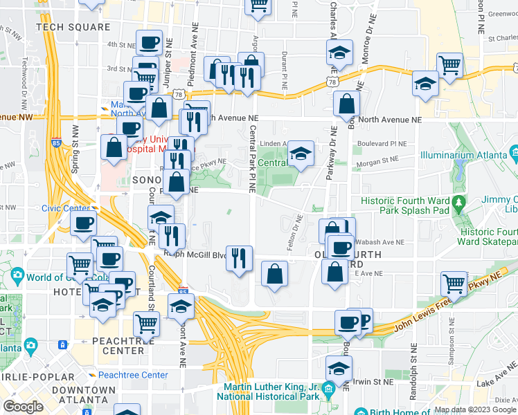 map of restaurants, bars, coffee shops, grocery stores, and more near 1101 Renaissance Way Northeast in Atlanta