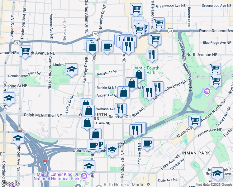 map of restaurants, bars, coffee shops, grocery stores, and more near 447 Arnold Street Northeast in Atlanta