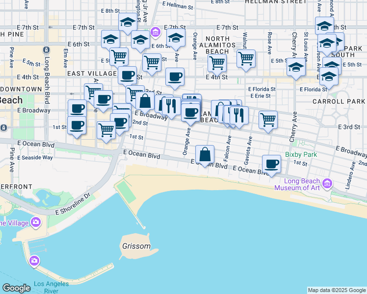 map of restaurants, bars, coffee shops, grocery stores, and more near 37 Orange Avenue in Long Beach