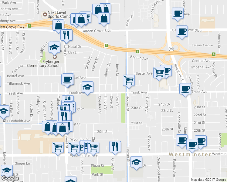 map of restaurants, bars, coffee shops, grocery stores, and more near 13472 Olive Street in Westminster