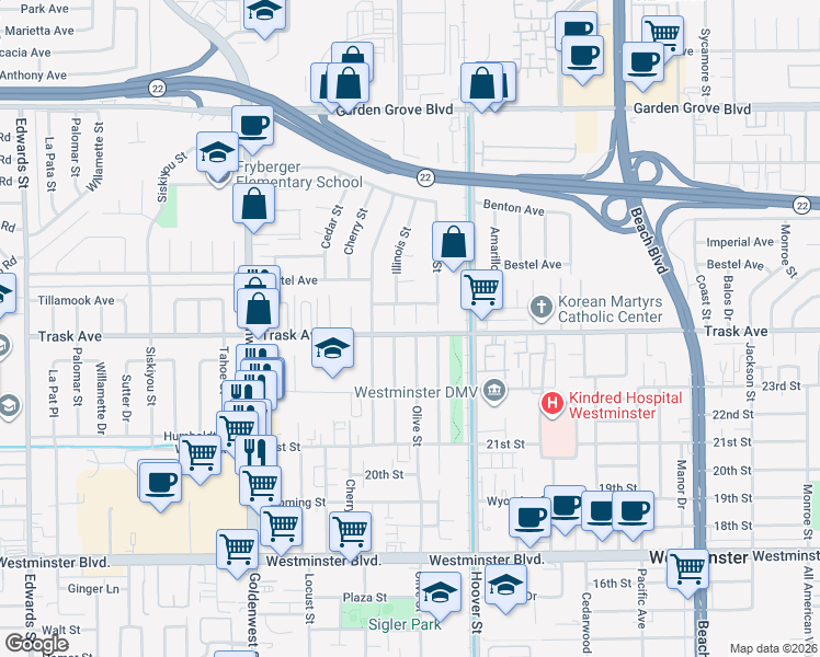 map of restaurants, bars, coffee shops, grocery stores, and more near 13471 Olive Street in Westminster