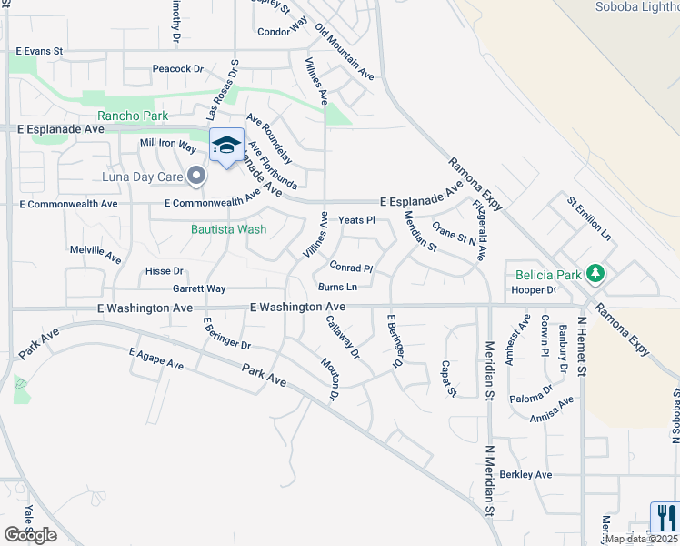 map of restaurants, bars, coffee shops, grocery stores, and more near 1482 Conrad Place in San Jacinto