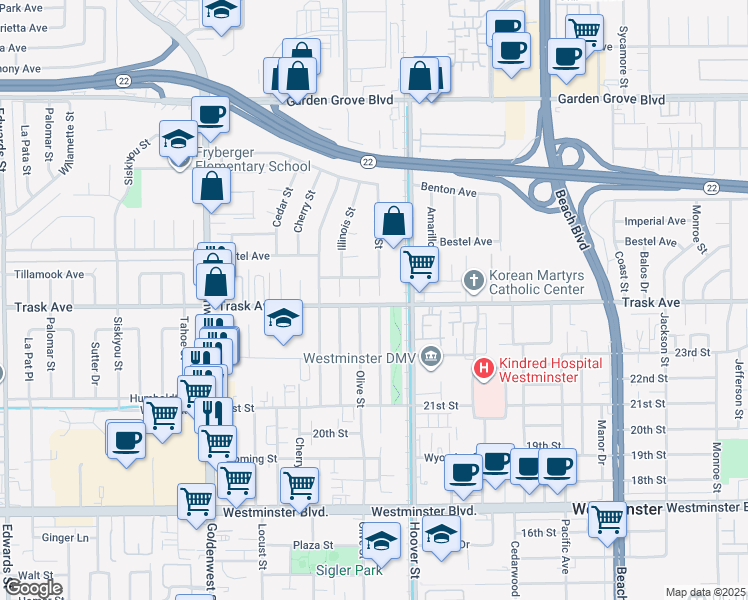 map of restaurants, bars, coffee shops, grocery stores, and more near 13472 Olive Street in Westminster