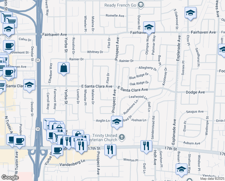 map of restaurants, bars, coffee shops, grocery stores, and more near 13531 Prospect Avenue in Santa Ana