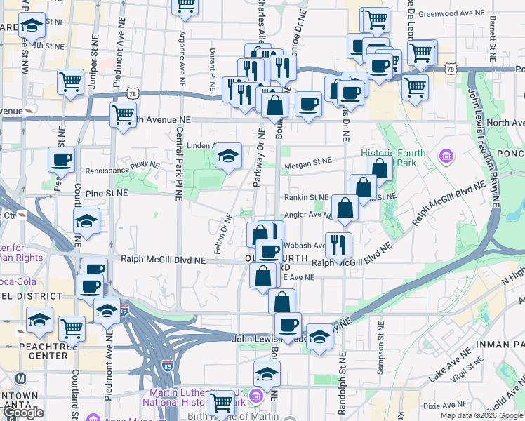 map of restaurants, bars, coffee shops, grocery stores, and more near 448 Parkway Drive Northeast in Atlanta