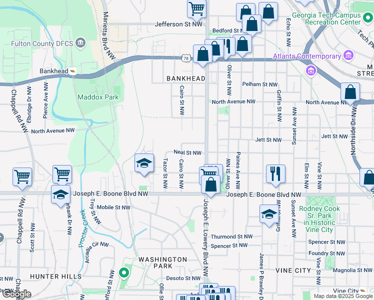 map of restaurants, bars, coffee shops, grocery stores, and more near 973 Neal St NW in Atlanta