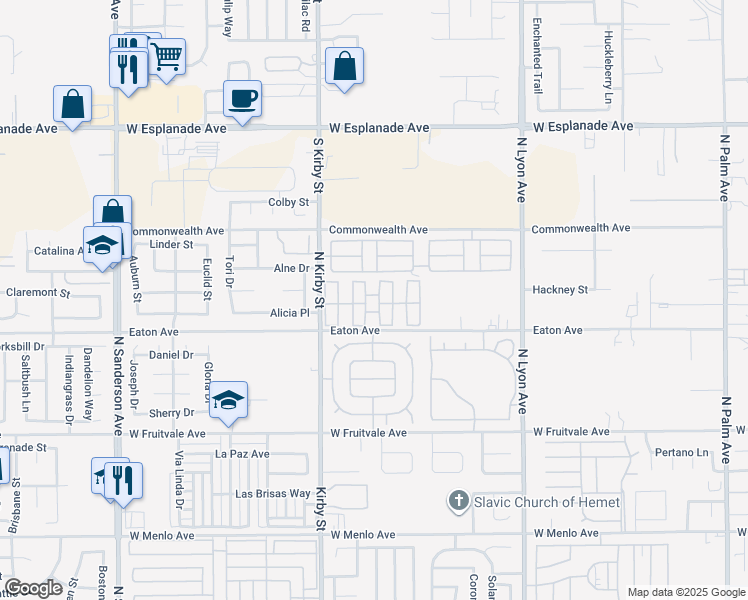 map of restaurants, bars, coffee shops, grocery stores, and more near 1150 Kirby Street in Hemet