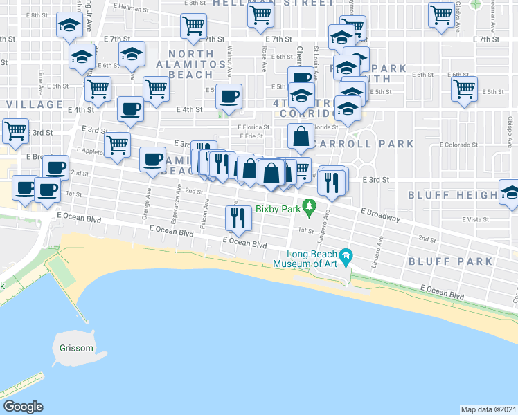 map of restaurants, bars, coffee shops, grocery stores, and more near 1758 2nd Street in Long Beach