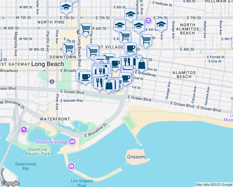 map of restaurants, bars, coffee shops, grocery stores, and more near 701 East Ocean Boulevard in Long Beach