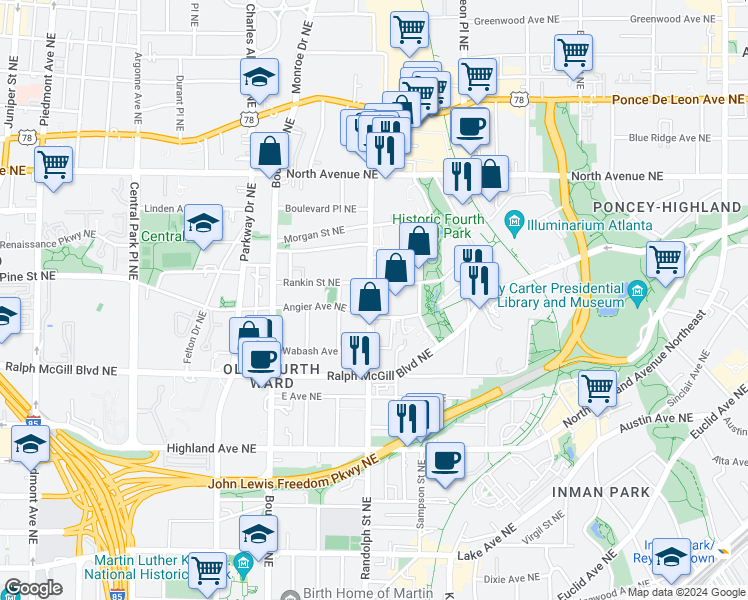 map of restaurants, bars, coffee shops, grocery stores, and more near 455 Glen Iris Drive Northeast in Atlanta