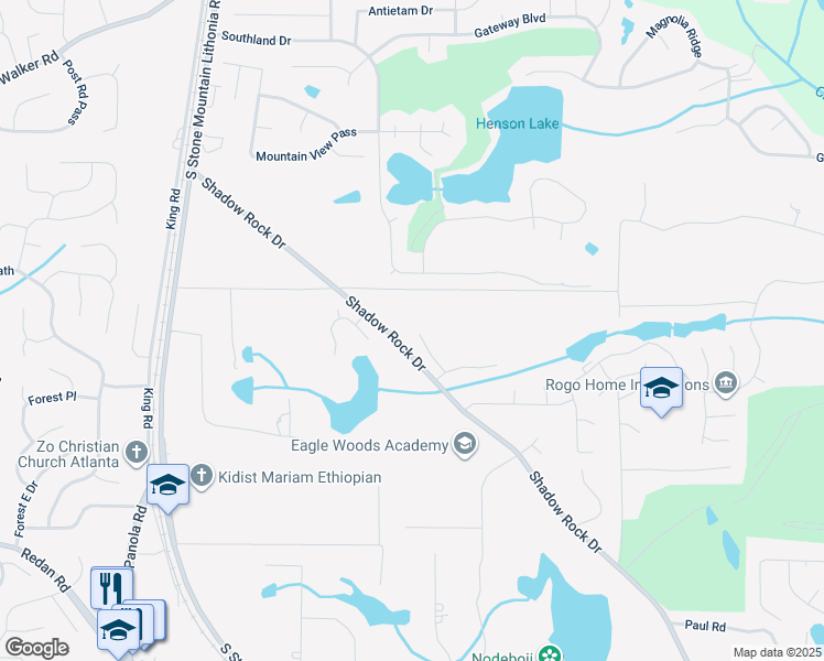 map of restaurants, bars, coffee shops, grocery stores, and more near 945 Shadow Ridge Trail in Lithonia