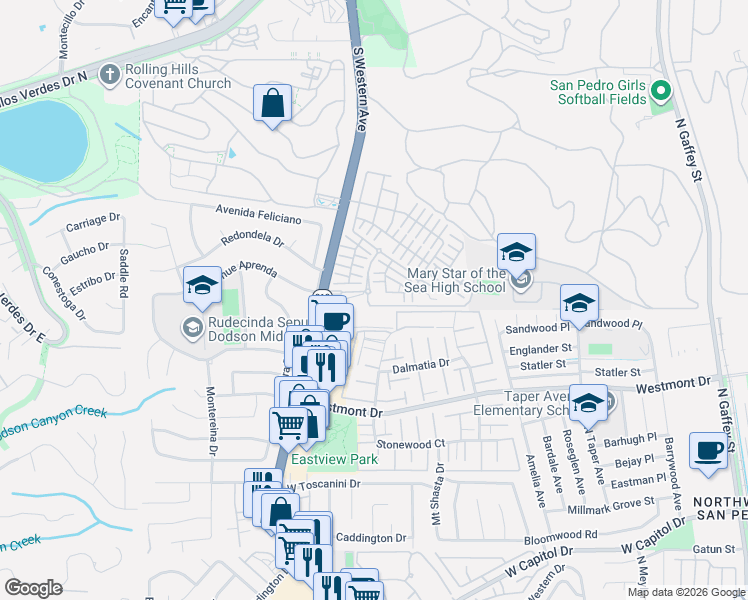 map of restaurants, bars, coffee shops, grocery stores, and more near 28004 South Western Avenue in Los Angeles