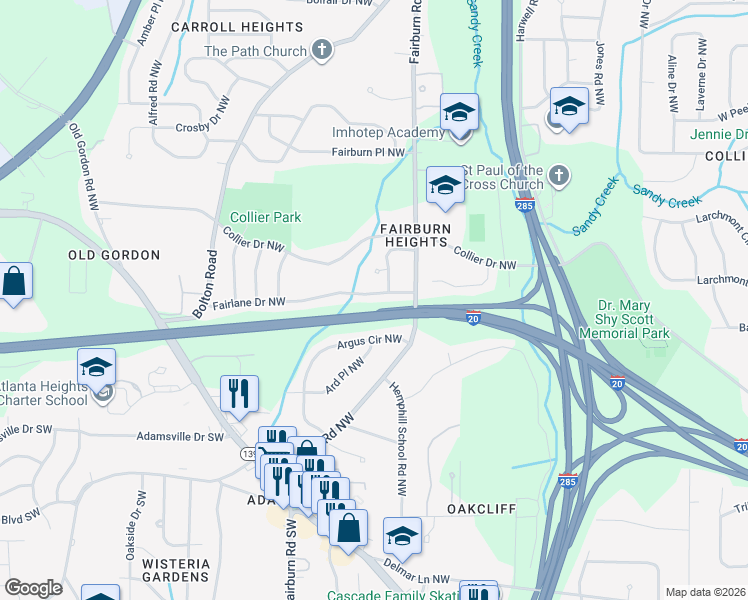 map of restaurants, bars, coffee shops, grocery stores, and more near 3524 Fairlane Drive Northwest in Atlanta