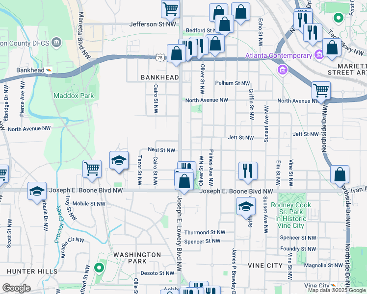 map of restaurants, bars, coffee shops, grocery stores, and more near 435 Joseph E. Lowery Boulevard Northwest in Atlanta