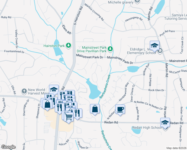 map of restaurants, bars, coffee shops, grocery stores, and more near 979 Mainstreet Lake Drive in Stone Mountain