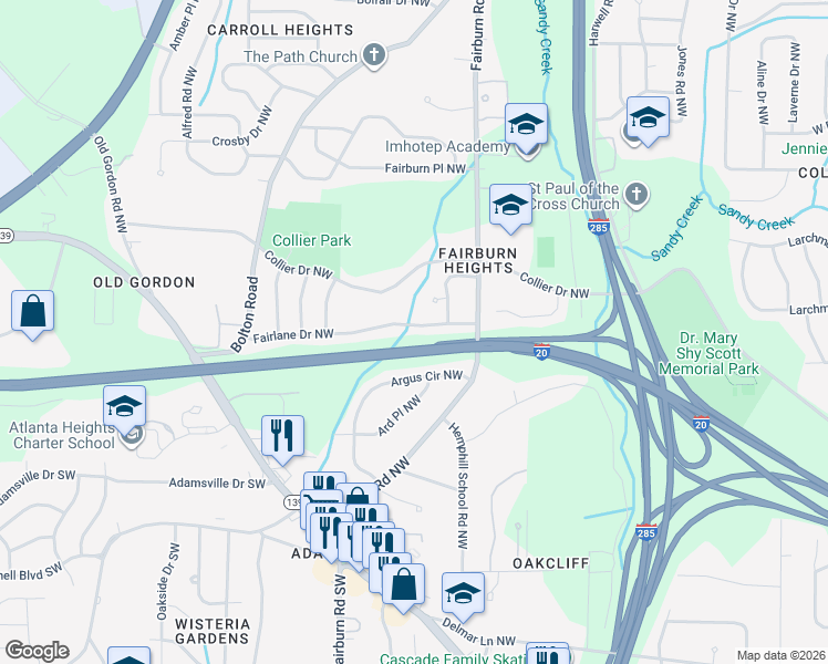 map of restaurants, bars, coffee shops, grocery stores, and more near 3524 Fairlane Dr NW in Atlanta