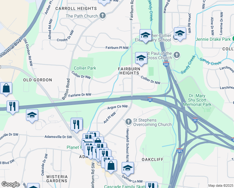 map of restaurants, bars, coffee shops, grocery stores, and more near 3512 Fairlane Drive Northwest in Atlanta