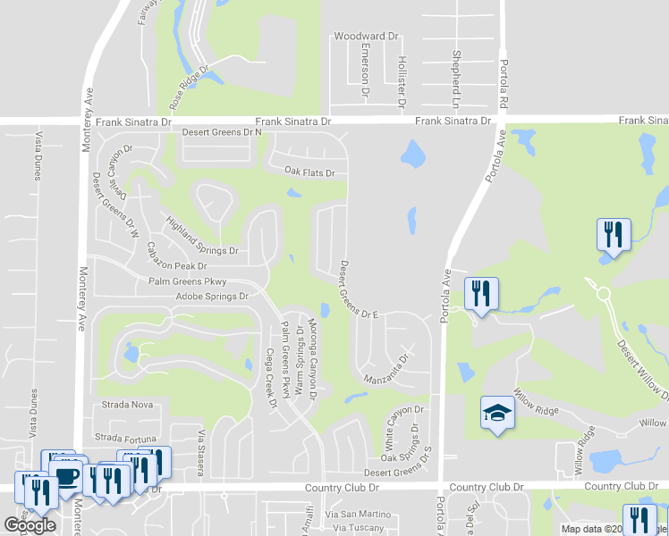map of restaurants, bars, coffee shops, grocery stores, and more near 38828 Chaparrosa Way in Palm Desert