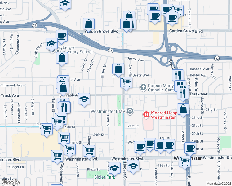 map of restaurants, bars, coffee shops, grocery stores, and more near 13472 Iowa Street in Westminster