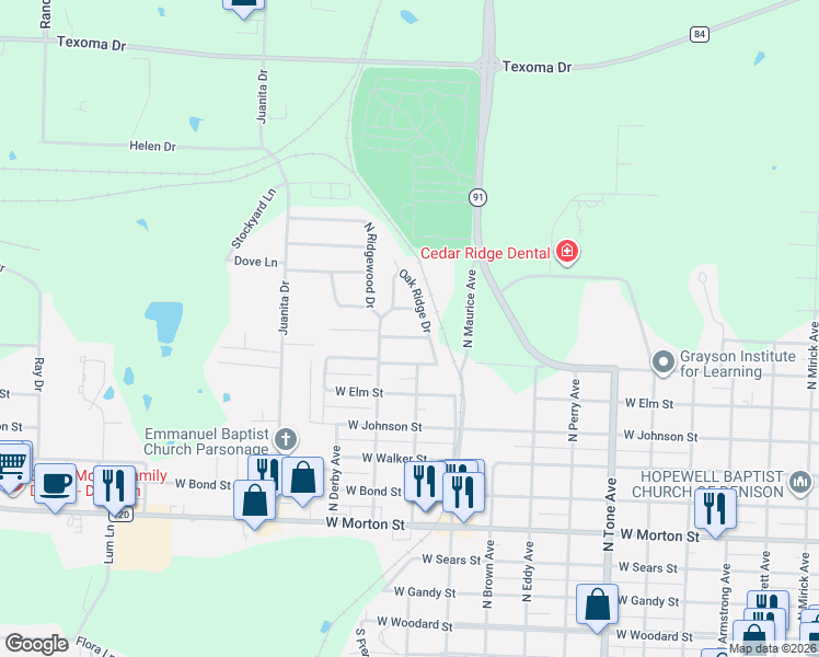 map of restaurants, bars, coffee shops, grocery stores, and more near 1619 West Parnell Street in Denison