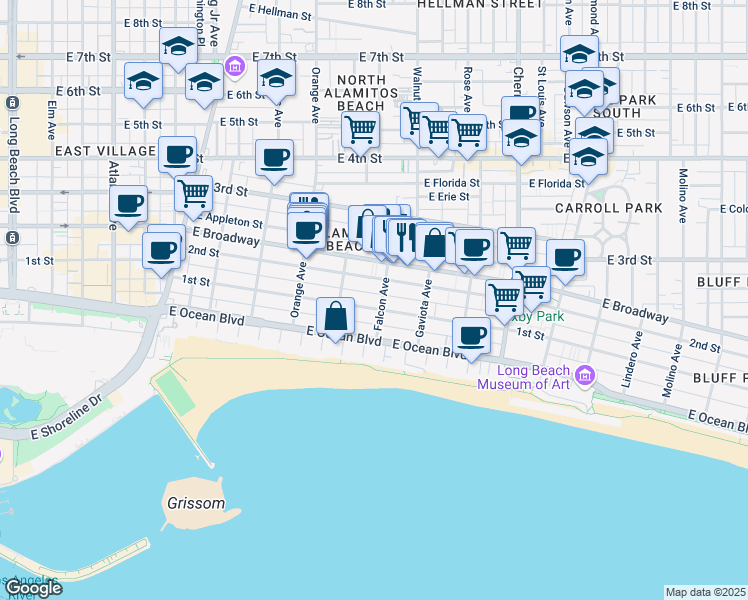map of restaurants, bars, coffee shops, grocery stores, and more near 1425 East 1st Street in Long Beach