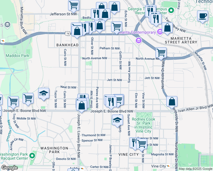 map of restaurants, bars, coffee shops, grocery stores, and more near 432 Andrew J Hairston Boulevard Northwest in Atlanta