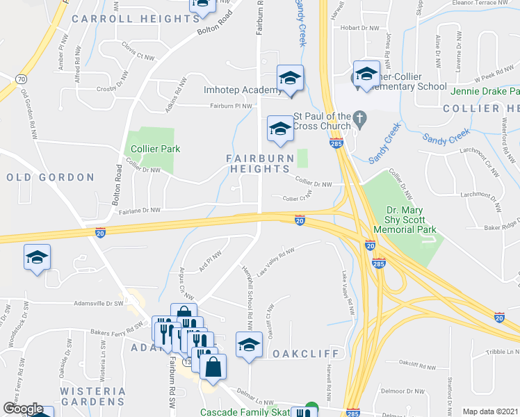 map of restaurants, bars, coffee shops, grocery stores, and more near 415 Fairburn Road Northwest in Atlanta