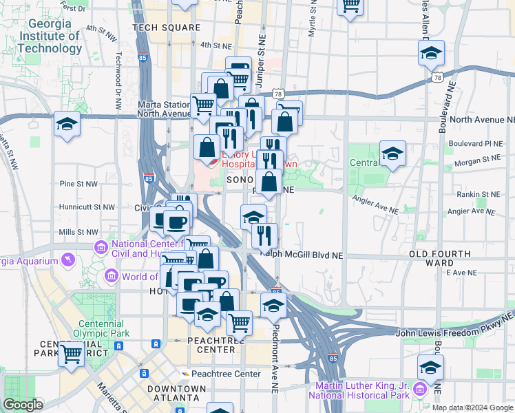 map of restaurants, bars, coffee shops, grocery stores, and more near 450 Piedmont Avenue Northeast in Atlanta