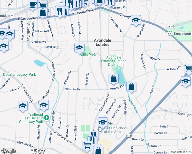 map of restaurants, bars, coffee shops, grocery stores, and more near 96 Dartmouth Avenue in Avondale Estates