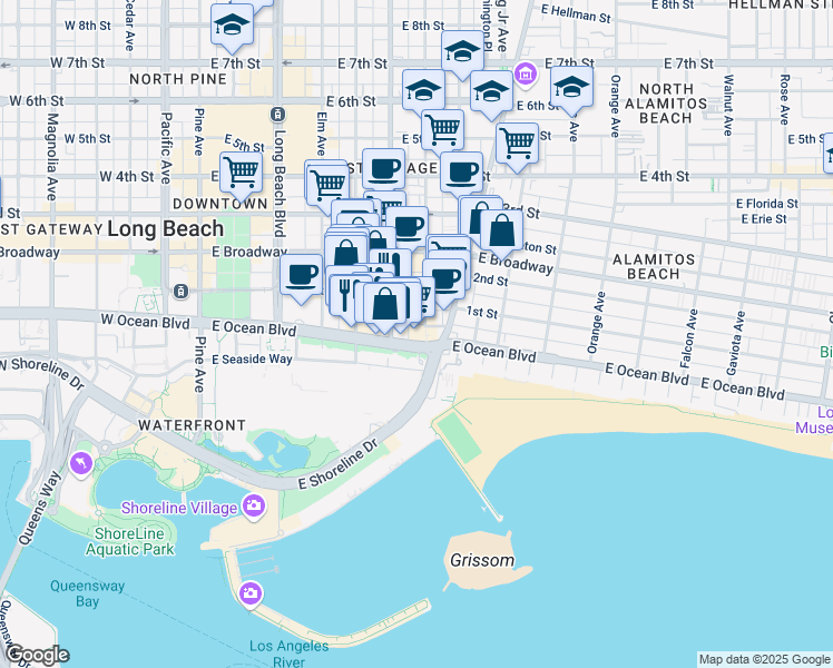 map of restaurants, bars, coffee shops, grocery stores, and more near 707 East Ocean Boulevard in Long Beach