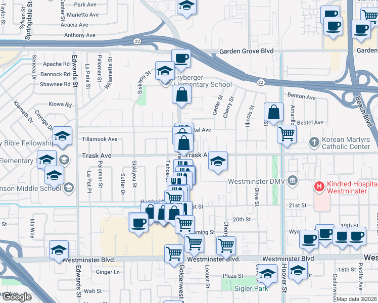 map of restaurants, bars, coffee shops, grocery stores, and more near 7041 Trask Avenue in Westminster