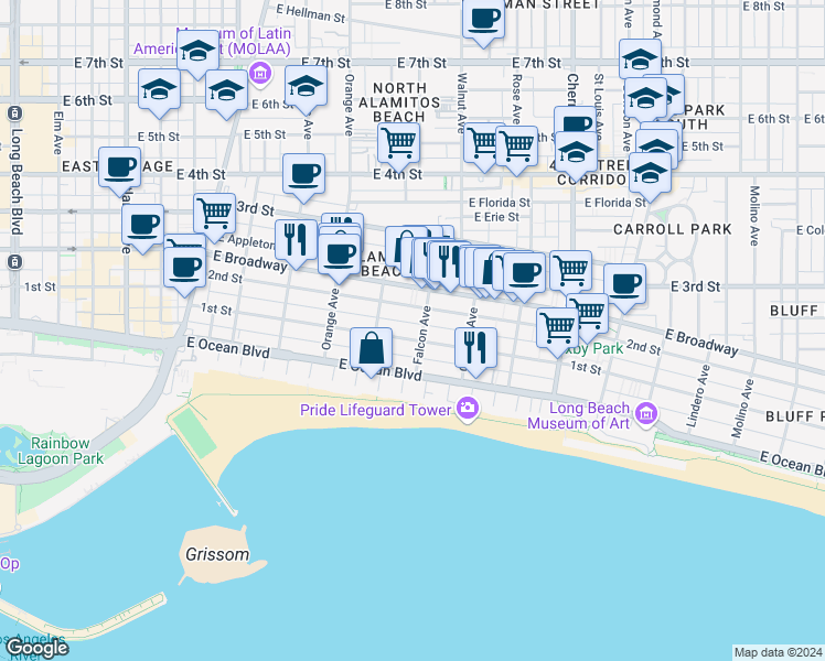 map of restaurants, bars, coffee shops, grocery stores, and more near 1425 East 1st Street in Long Beach