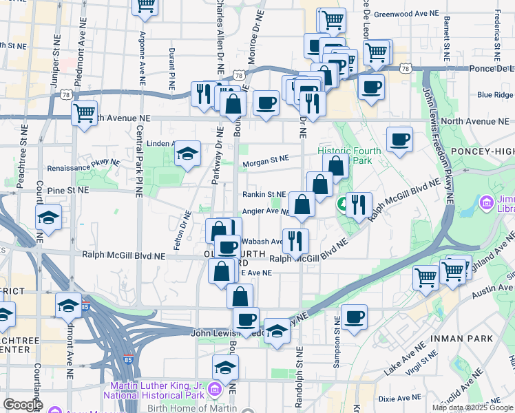 map of restaurants, bars, coffee shops, grocery stores, and more near 512 Angier Avenue Northeast in Atlanta