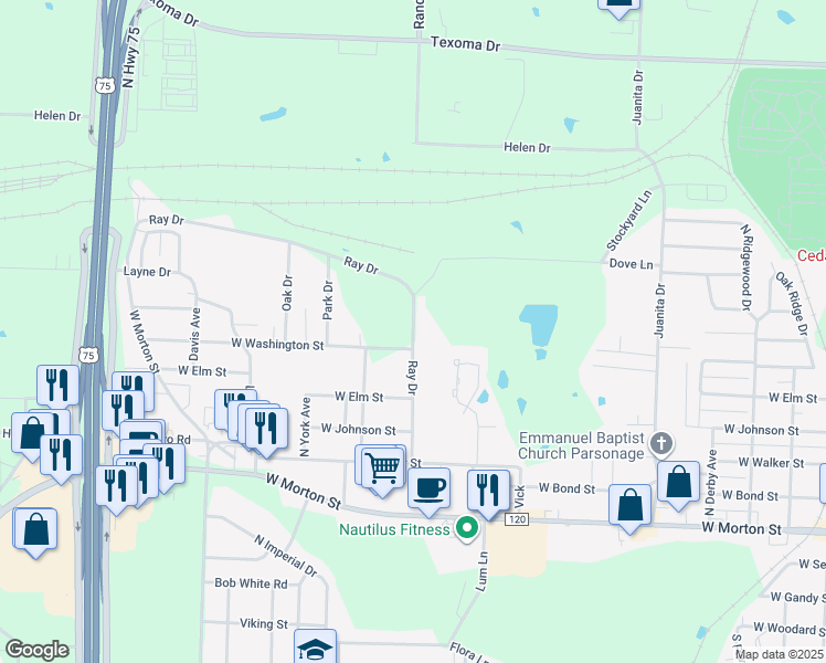 map of restaurants, bars, coffee shops, grocery stores, and more near 1023 Ray Drive in Denison