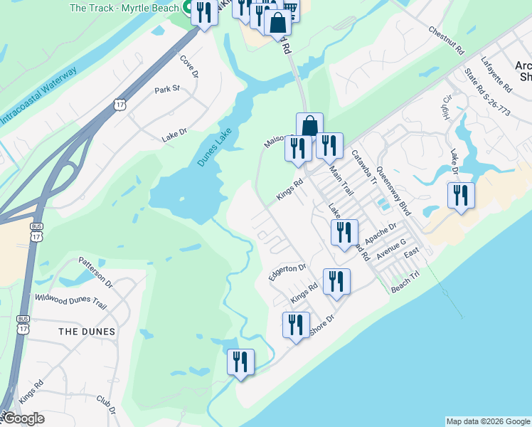 map of restaurants, bars, coffee shops, grocery stores, and more near 9570 Kings Road Extension in Myrtle Beach