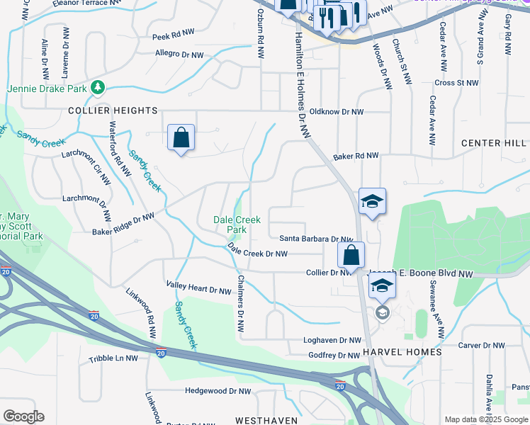 map of restaurants, bars, coffee shops, grocery stores, and more near 2720 Santa Barbara Drive Northwest in Atlanta