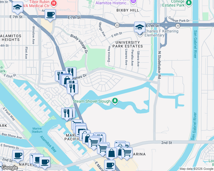 map of restaurants, bars, coffee shops, grocery stores, and more near 6256 East Golden Sands Drive in Long Beach