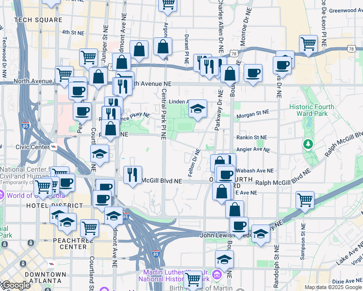 map of restaurants, bars, coffee shops, grocery stores, and more near 339 Angier Avenue Northeast in Atlanta