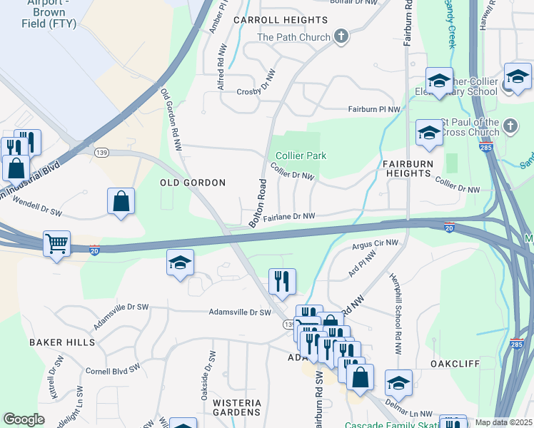 map of restaurants, bars, coffee shops, grocery stores, and more near 3691 Fairlane Drive Northwest in Atlanta