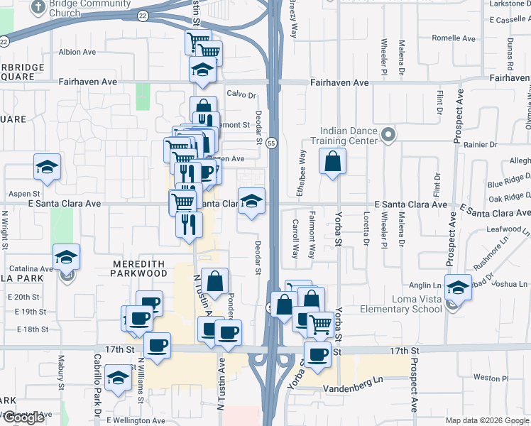 map of restaurants, bars, coffee shops, grocery stores, and more near 2413 East Buffalo Avenue in Santa Ana