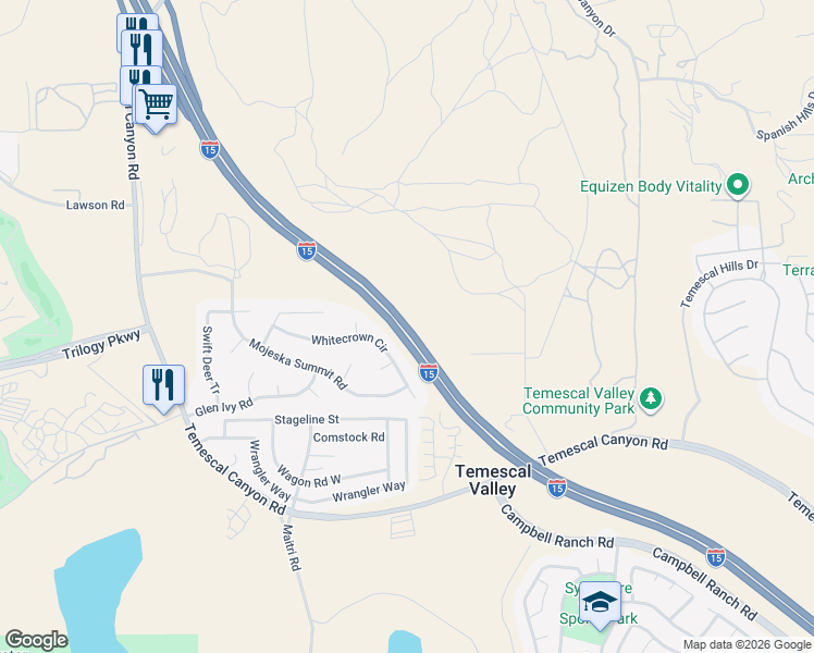 map of restaurants, bars, coffee shops, grocery stores, and more near Interstate 15 in Corona