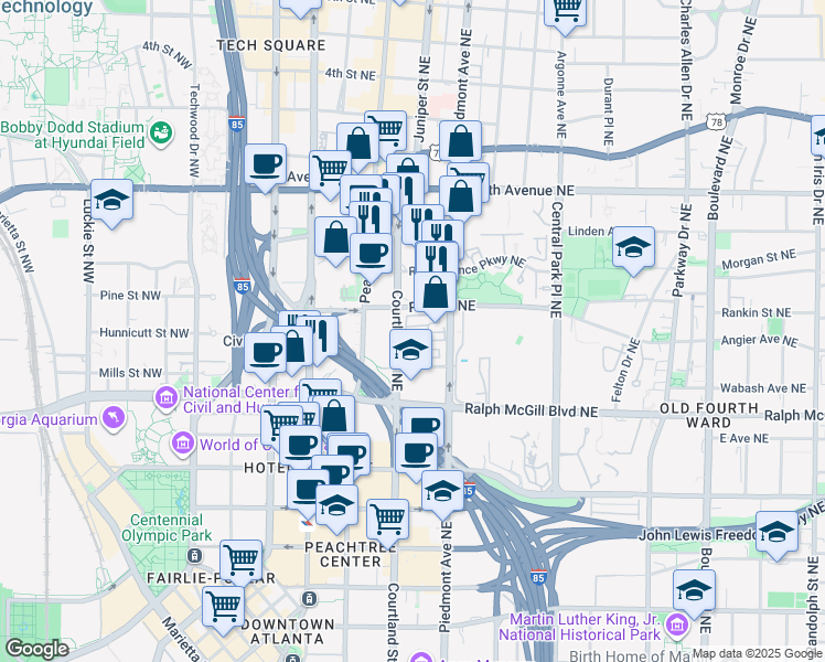 map of restaurants, bars, coffee shops, grocery stores, and more near 450 Piedmont Avenue Northeast in Atlanta