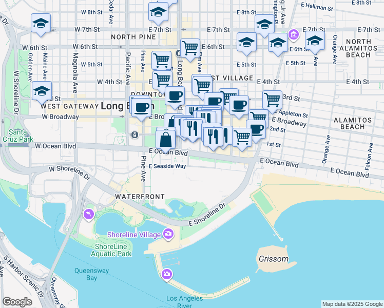 map of restaurants, bars, coffee shops, grocery stores, and more near 360 East Ocean Boulevard in Long Beach